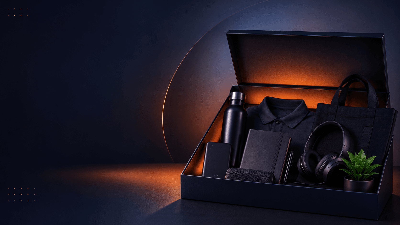 Open navy corporate gift box with branded bottle, polo shirt, notebook, headphones and tote by Massif Gifting Co., Bangalore